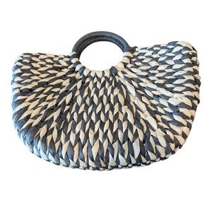 Woven Handbag Straw Half Round Bag Travel Tote Black Cream